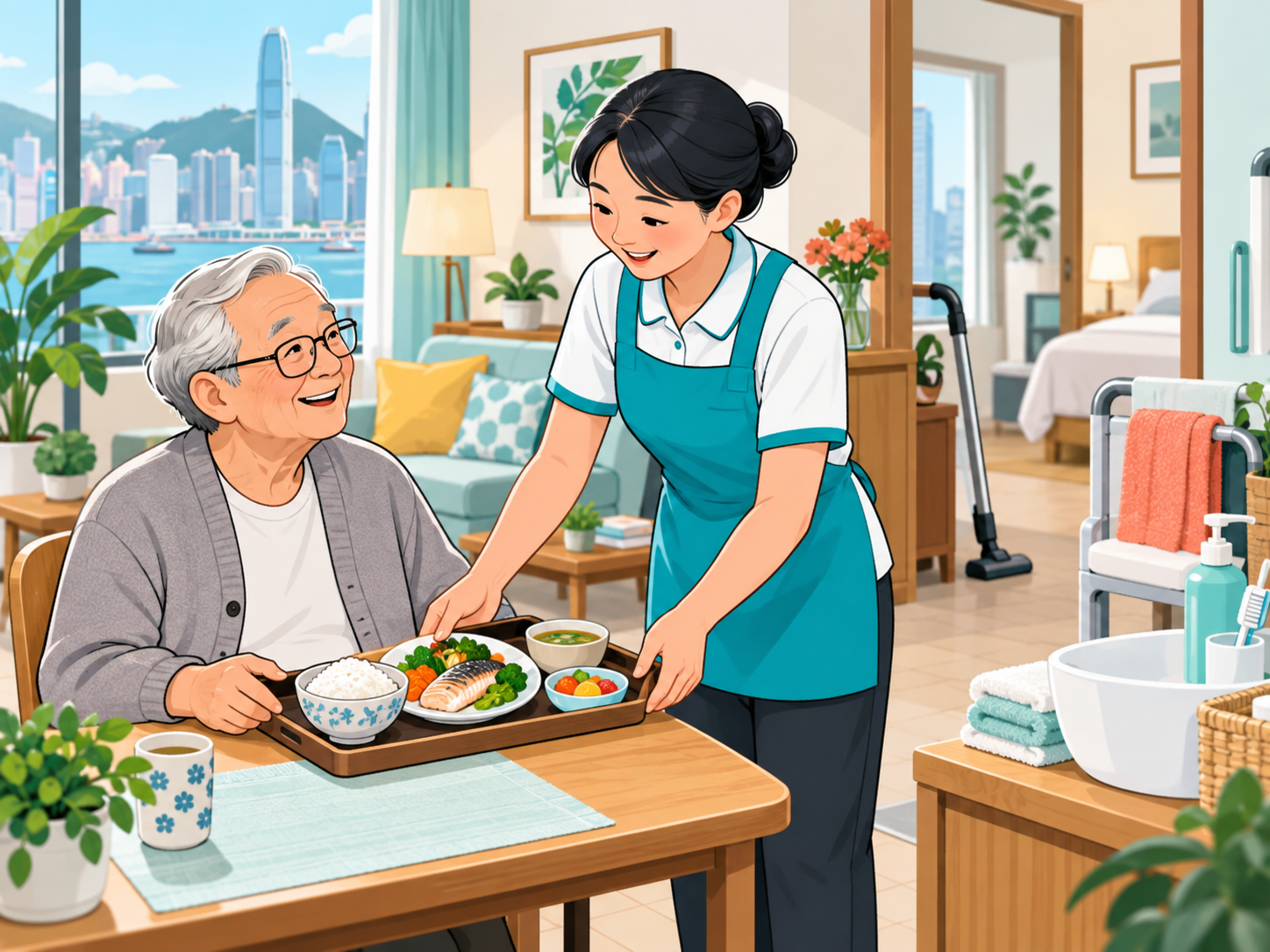 上門服務員協助長者送飯、家務和日常生活
