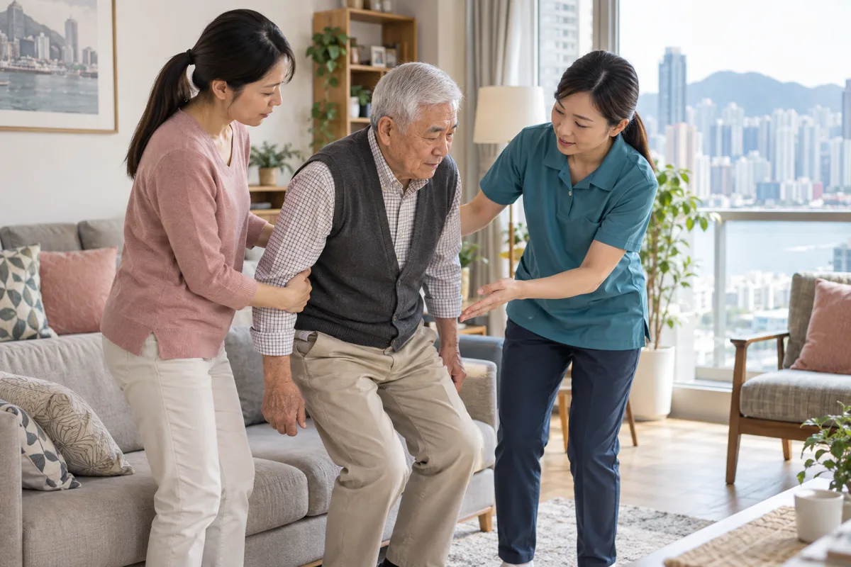 治療師在家中指導家人協助長者站立